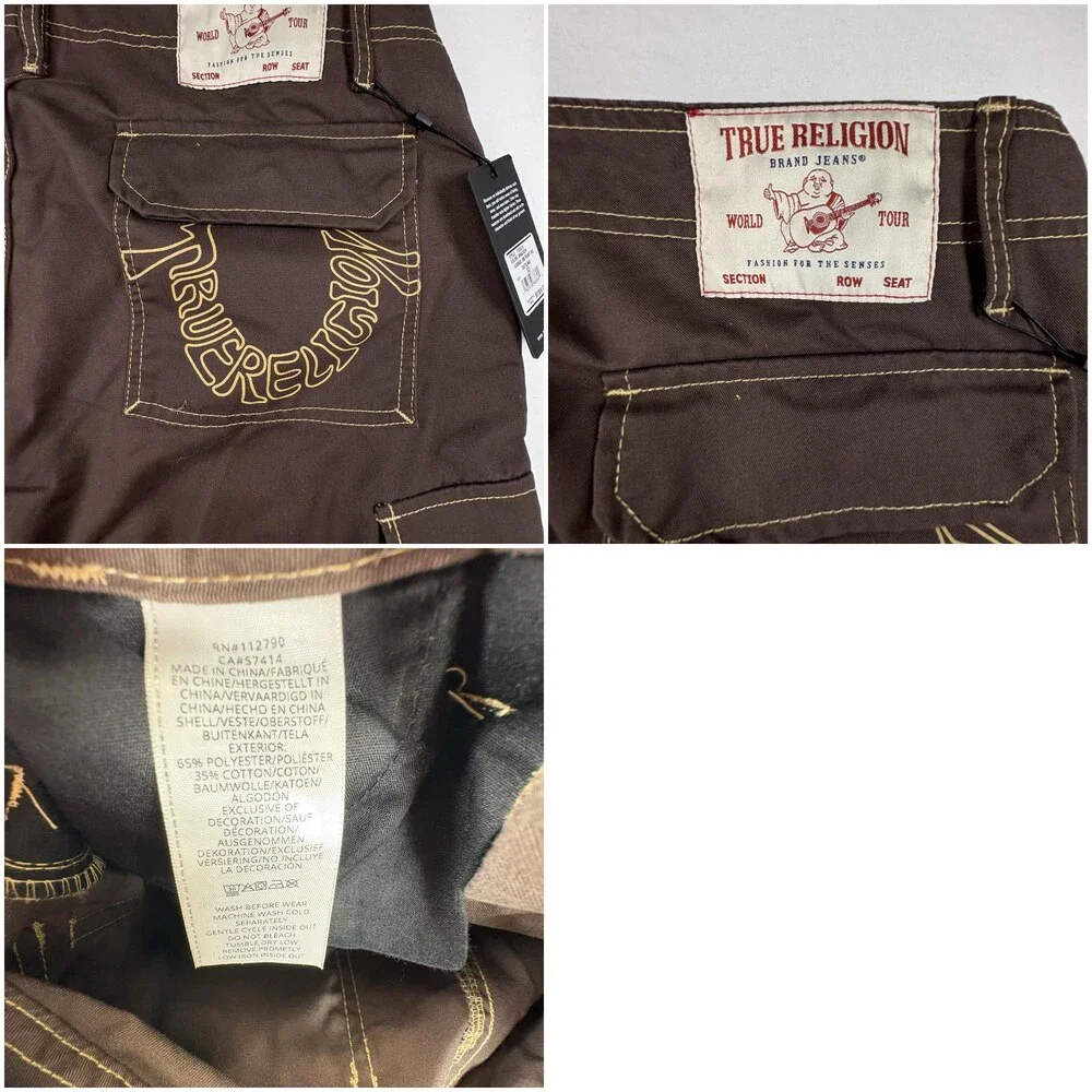 True Religion Cargo Pants Mens 32x31 Brown Bracken Canvas Outline Workwear NEW